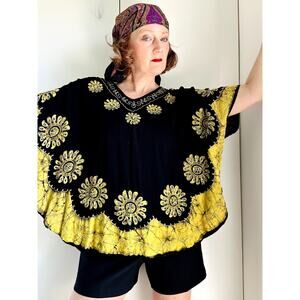 Vintage 90s Boho Tops Embroidery Batwing Black Gold Size M/L  Hippie Indie Vibes